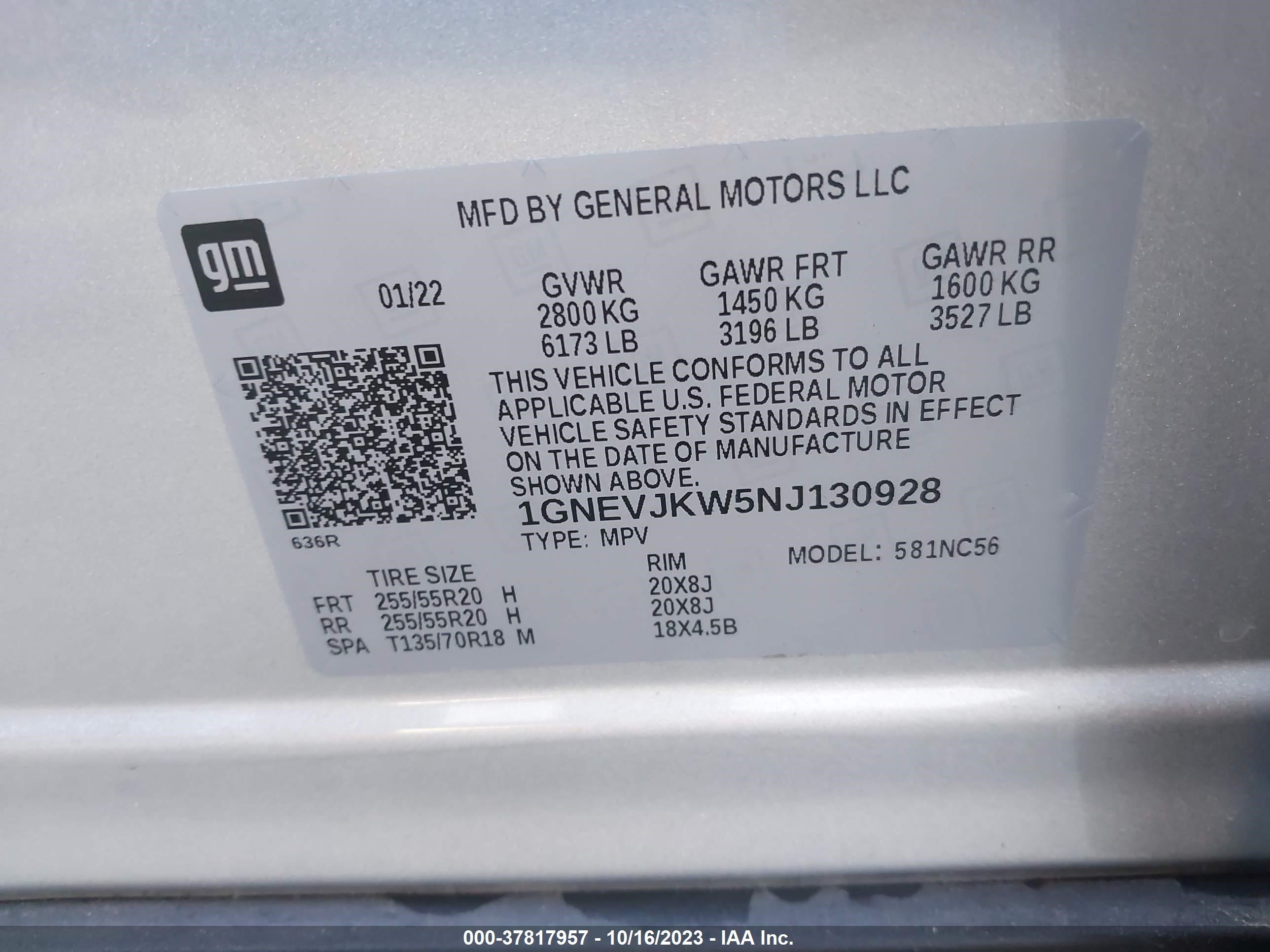 Photo 8 VIN: 1GNEVJKW5NJ130928 - CHEVROLET TRAVERSE 