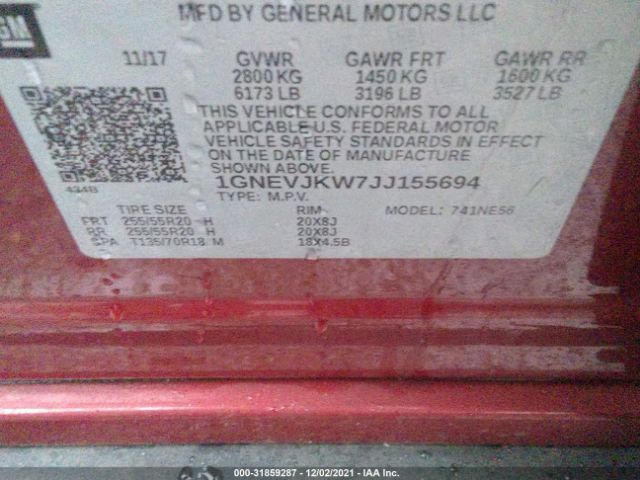 Photo 8 VIN: 1GNEVJKW7JJ155694 - CHEVROLET TRAVERSE 