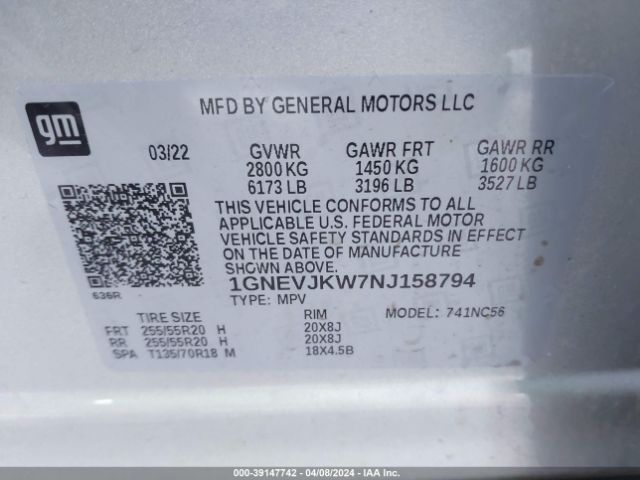 Photo 8 VIN: 1GNEVJKW7NJ158794 - CHEVROLET TRAVERSE 