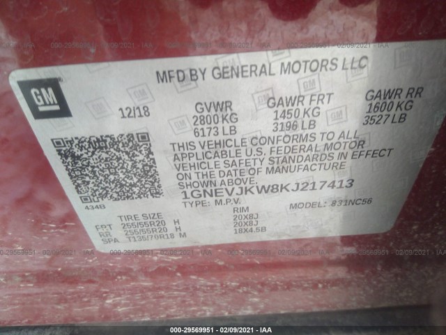 Photo 8 VIN: 1GNEVJKW8KJ217413 - CHEVROLET TRAVERSE 