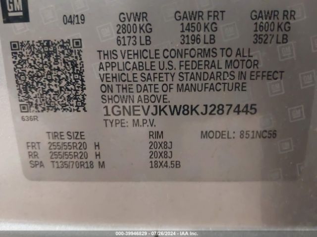 Photo 8 VIN: 1GNEVJKW8KJ287445 - CHEVROLET TRAVERSE 