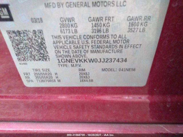 Photo 8 VIN: 1GNEVKKW0JJ237434 - CHEVROLET TRAVERSE 