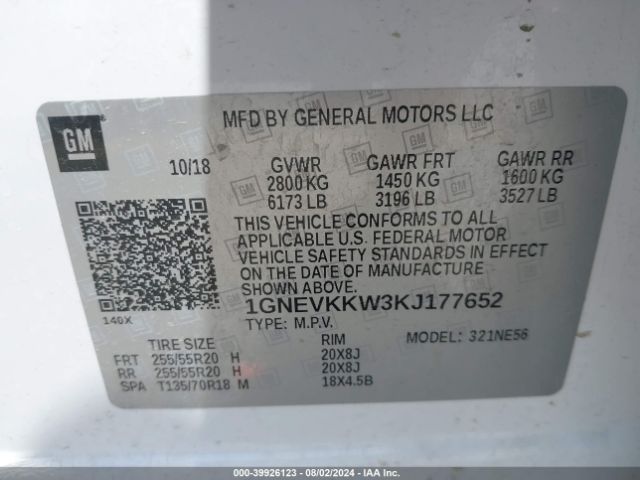 Photo 8 VIN: 1GNEVKKW3KJ177652 - CHEVROLET TRAVERSE 