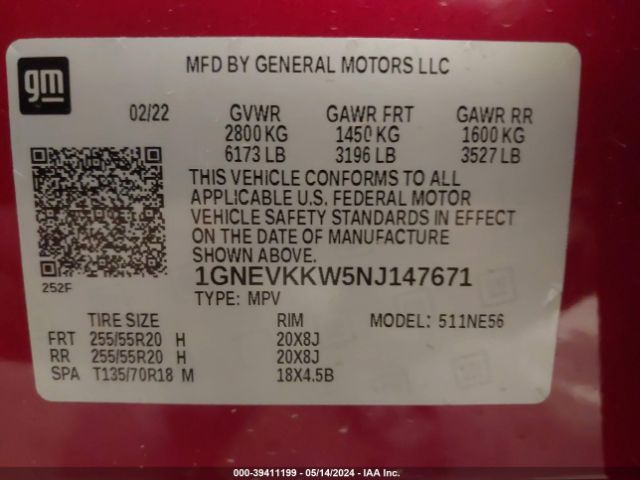 Photo 8 VIN: 1GNEVKKW5NJ147671 - CHEVROLET TRAVERSE 