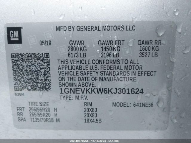 Photo 8 VIN: 1GNEVKKW6KJ301624 - CHEVROLET TRAVERSE 