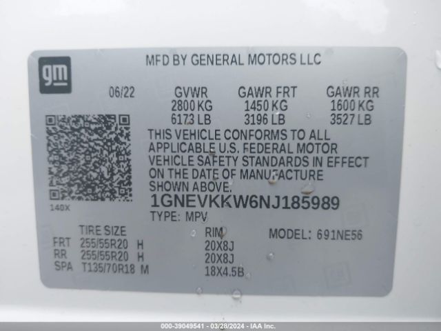 Photo 8 VIN: 1GNEVKKW6NJ185989 - CHEVROLET TRAVERSE 