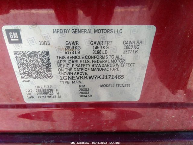 Photo 8 VIN: 1GNEVKKW7KJ171465 - CHEVROLET TRAVERSE 