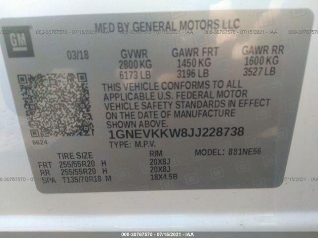 Photo 8 VIN: 1GNEVKKW8JJ228738 - CHEVROLET TRAVERSE 