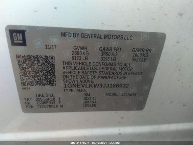 Photo 8 VIN: 1GNEVLKW3JJ166932 - CHEVROLET TRAVERSE 