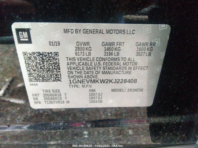 Photo 8 VIN: 1GNEVMKW2KJ228408 - CHEVROLET TRAVERSE 