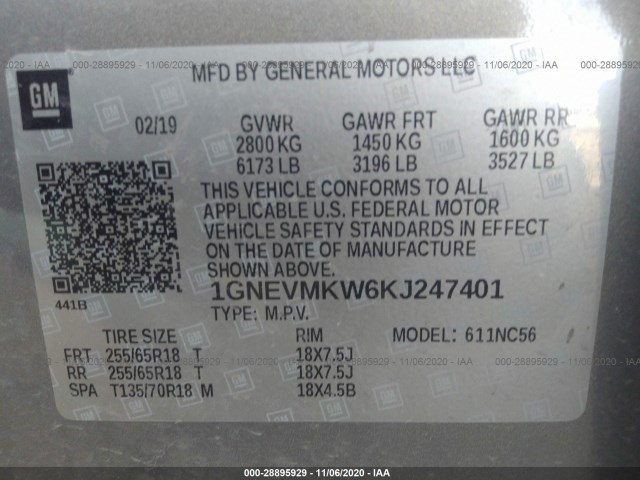 Photo 8 VIN: 1GNEVMKW6KJ247401 - CHEVROLET TRAVERSE 