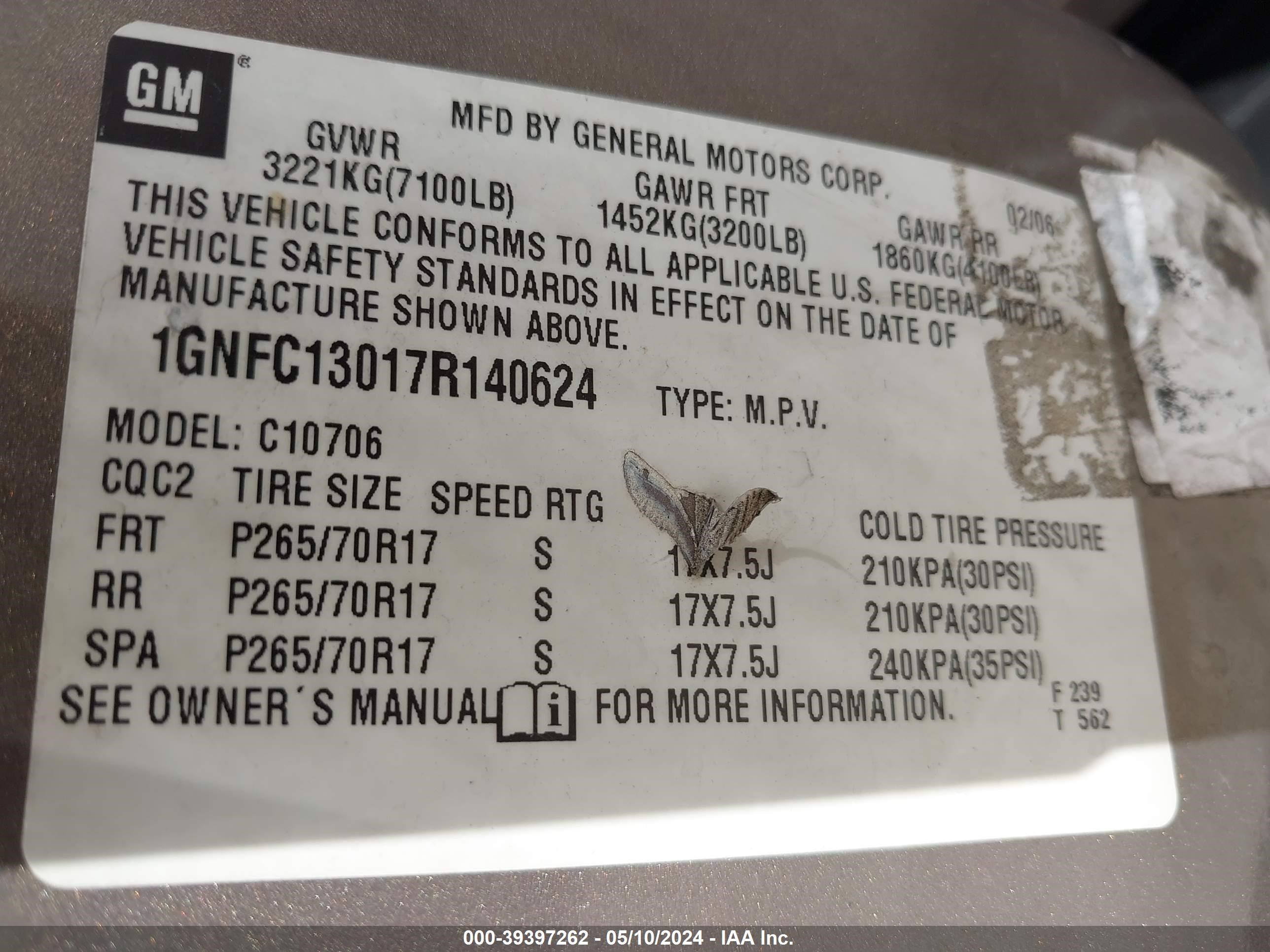 Photo 8 VIN: 1GNFC13017R140624 - CHEVROLET TAHOE 