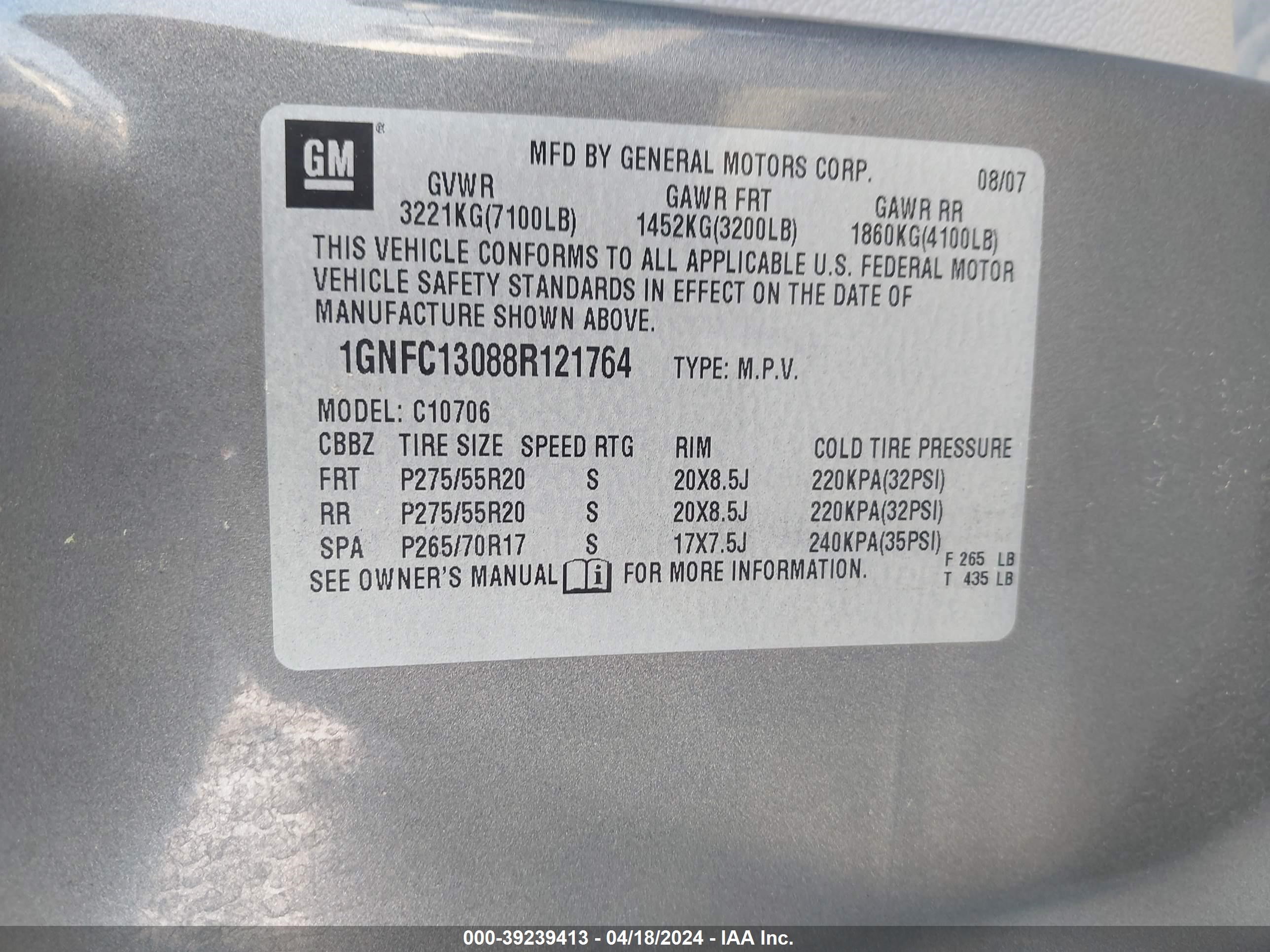 Photo 8 VIN: 1GNFC13088R121764 - CHEVROLET TAHOE 