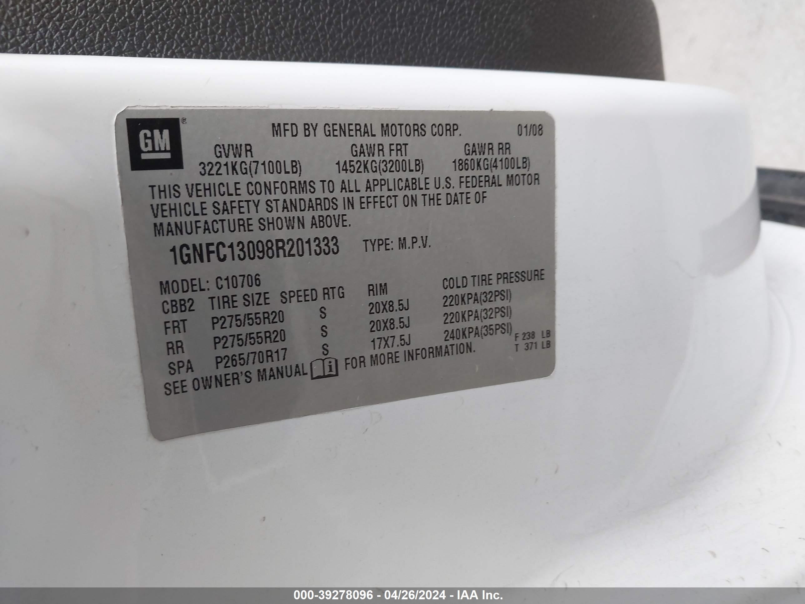 Photo 8 VIN: 1GNFC13098R201333 - CHEVROLET TAHOE 