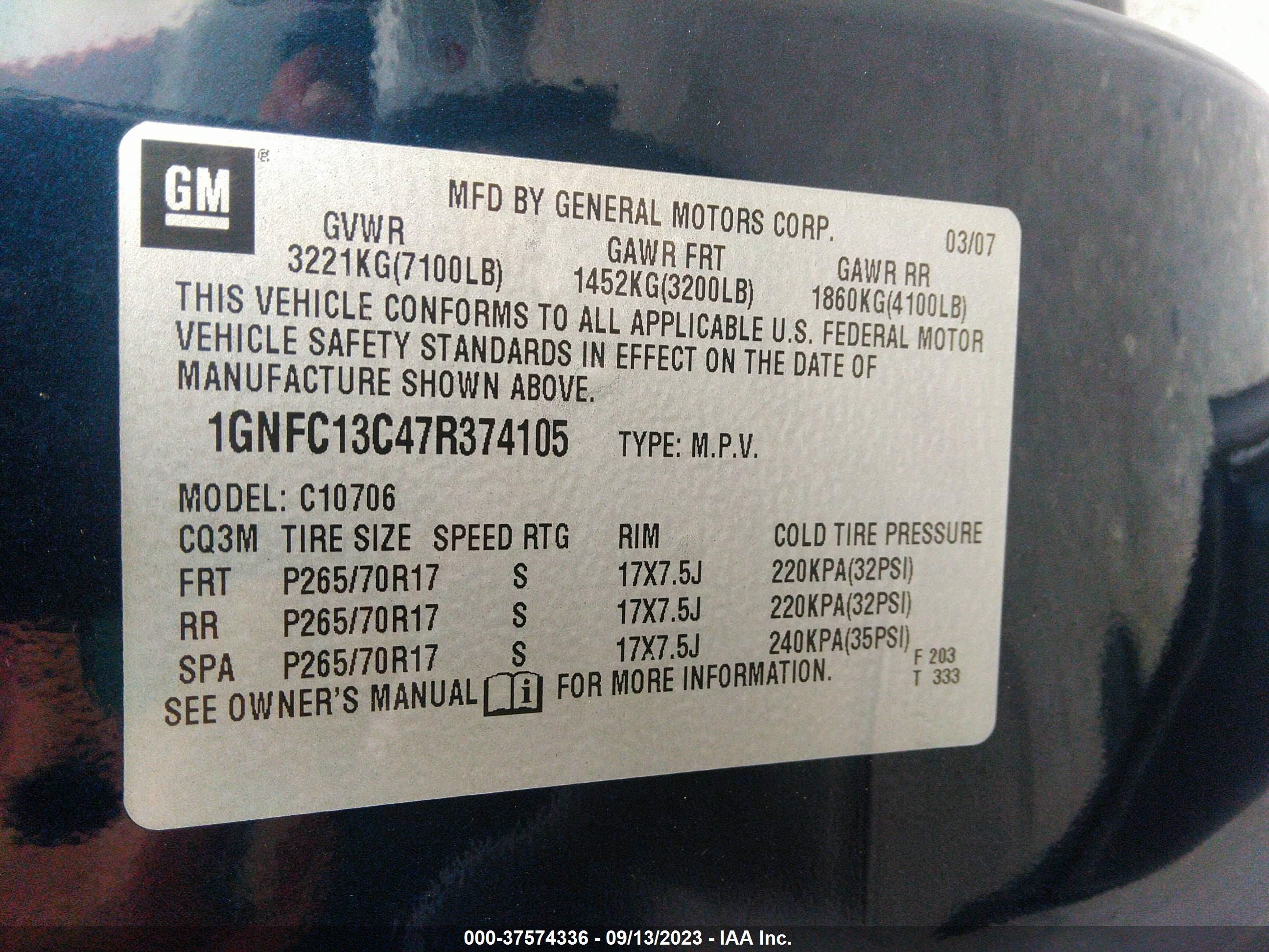 Photo 8 VIN: 1GNFC13C47R374105 - CHEVROLET TAHOE 