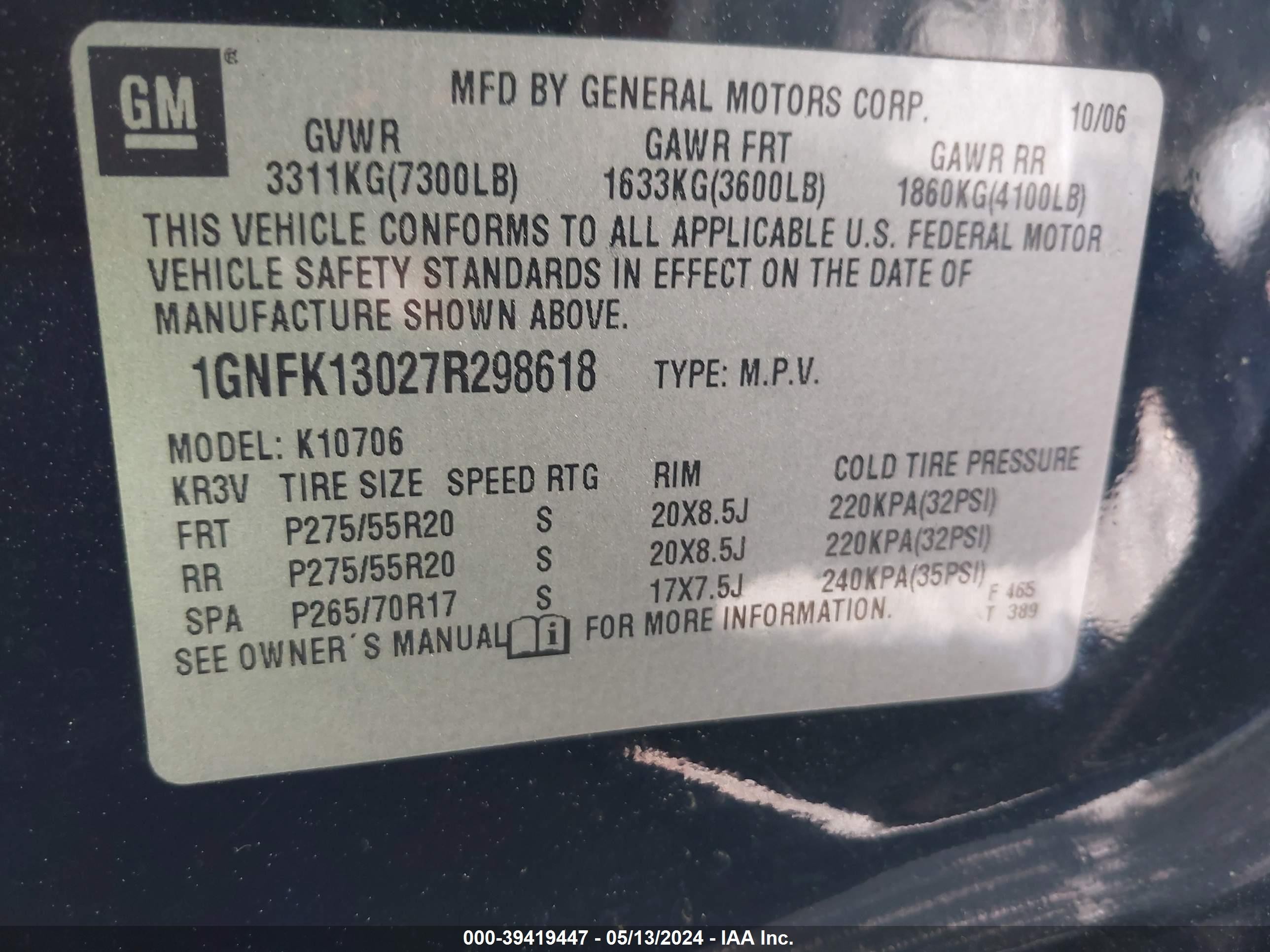 Photo 8 VIN: 1GNFK13027R298618 - CHEVROLET TAHOE 