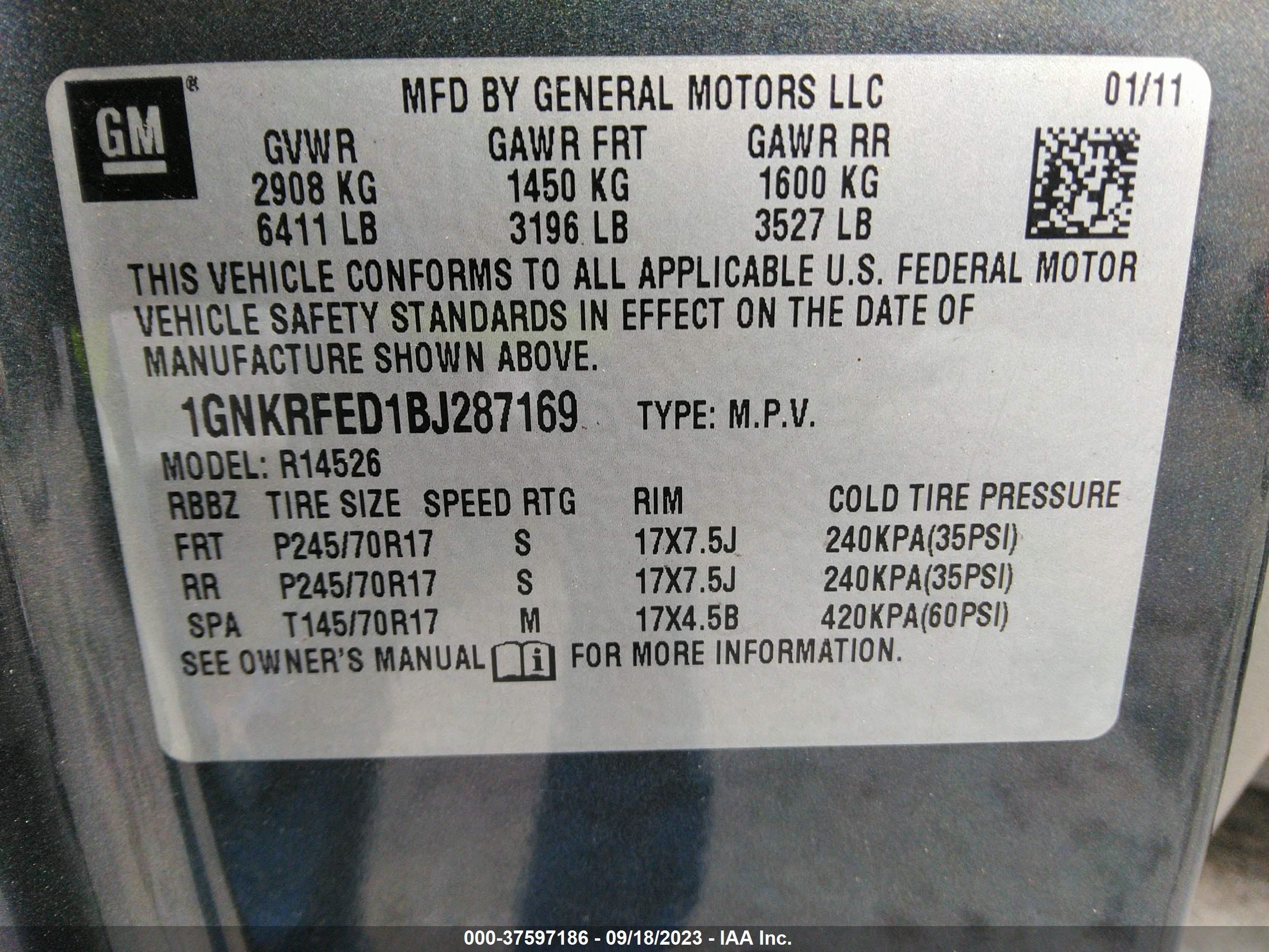 Photo 8 VIN: 1GNKRFED1BJ287169 - CHEVROLET TRAVERSE 