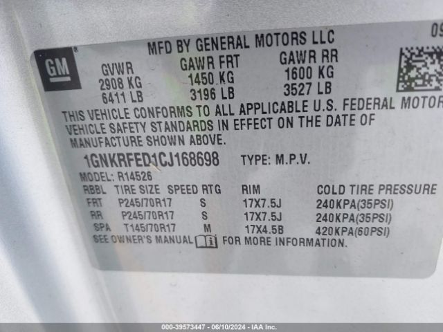 Photo 8 VIN: 1GNKRFED1CJ168698 - CHEVROLET TRAVERSE 