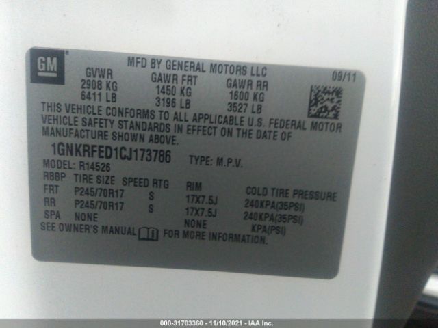 Photo 8 VIN: 1GNKRFED1CJ173786 - CHEVROLET TRAVERSE 