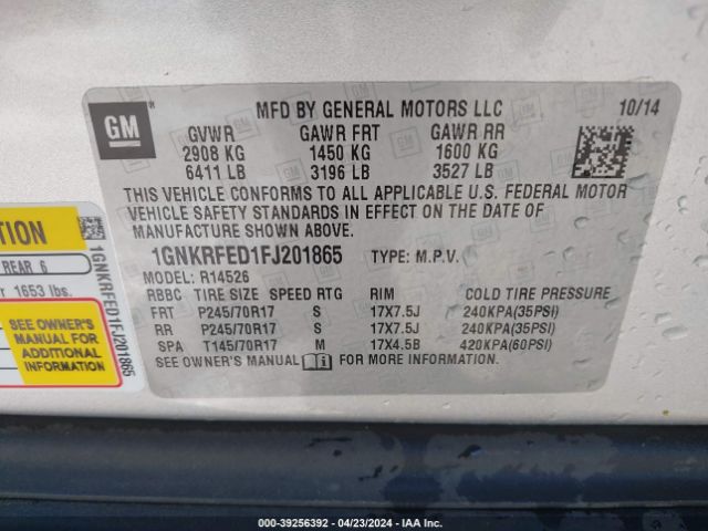 Photo 8 VIN: 1GNKRFED1FJ201865 - CHEVROLET TRAVERSE 