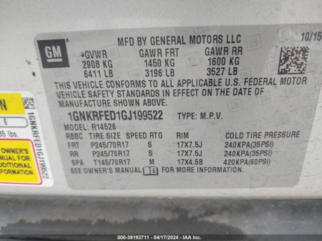 Photo 8 VIN: 1GNKRFED1GJ199522 - CHEVROLET TRAVERSE 