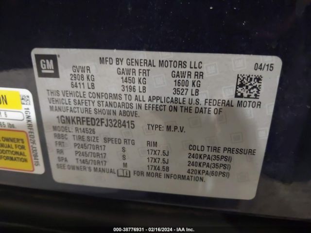 Photo 8 VIN: 1GNKRFED2FJ328415 - CHEVROLET TRAVERSE 