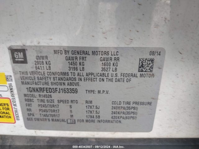 Photo 8 VIN: 1GNKRFED3FJ163359 - CHEVROLET TRAVERSE 