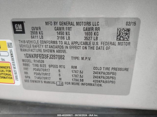 Photo 8 VIN: 1GNKRFED3FJ287082 - CHEVROLET TRAVERSE 