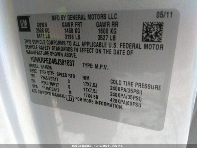 Photo 8 VIN: 1GNKRFED4BJ381837 - CHEVROLET TRAVERSE 