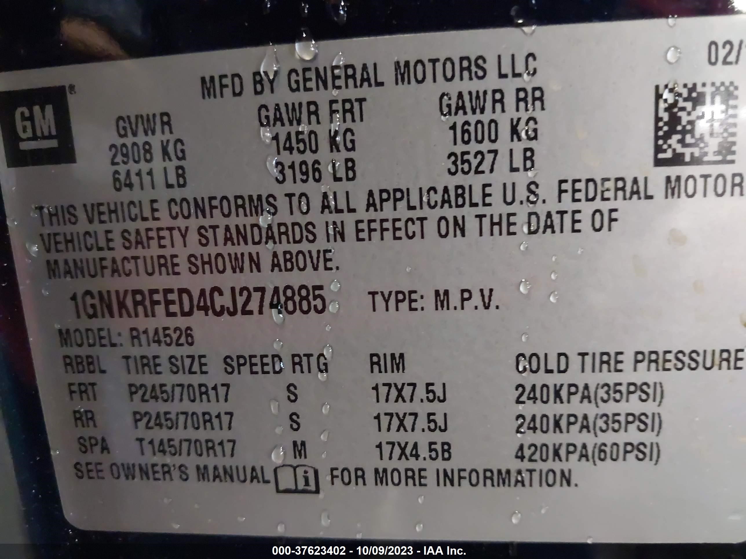 Photo 8 VIN: 1GNKRFED4CJ274885 - CHEVROLET TRAVERSE 