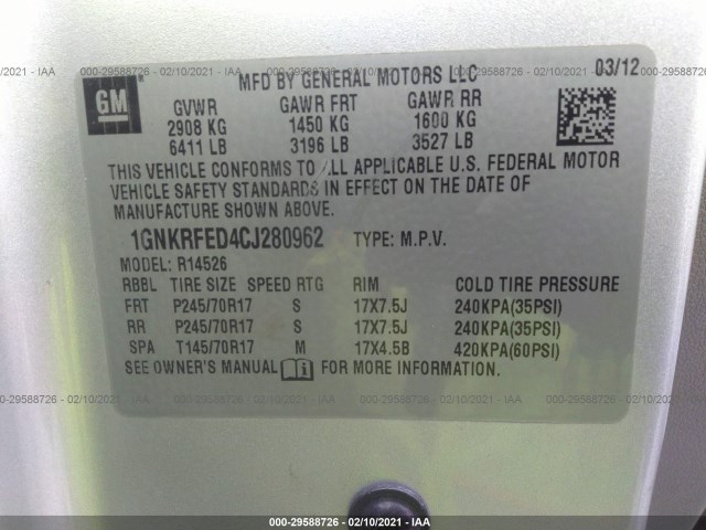 Photo 8 VIN: 1GNKRFED4CJ280962 - CHEVROLET TRAVERSE 