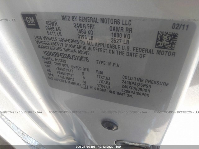 Photo 8 VIN: 1GNKRFED5BJ310078 - CHEVROLET TRAVERSE 