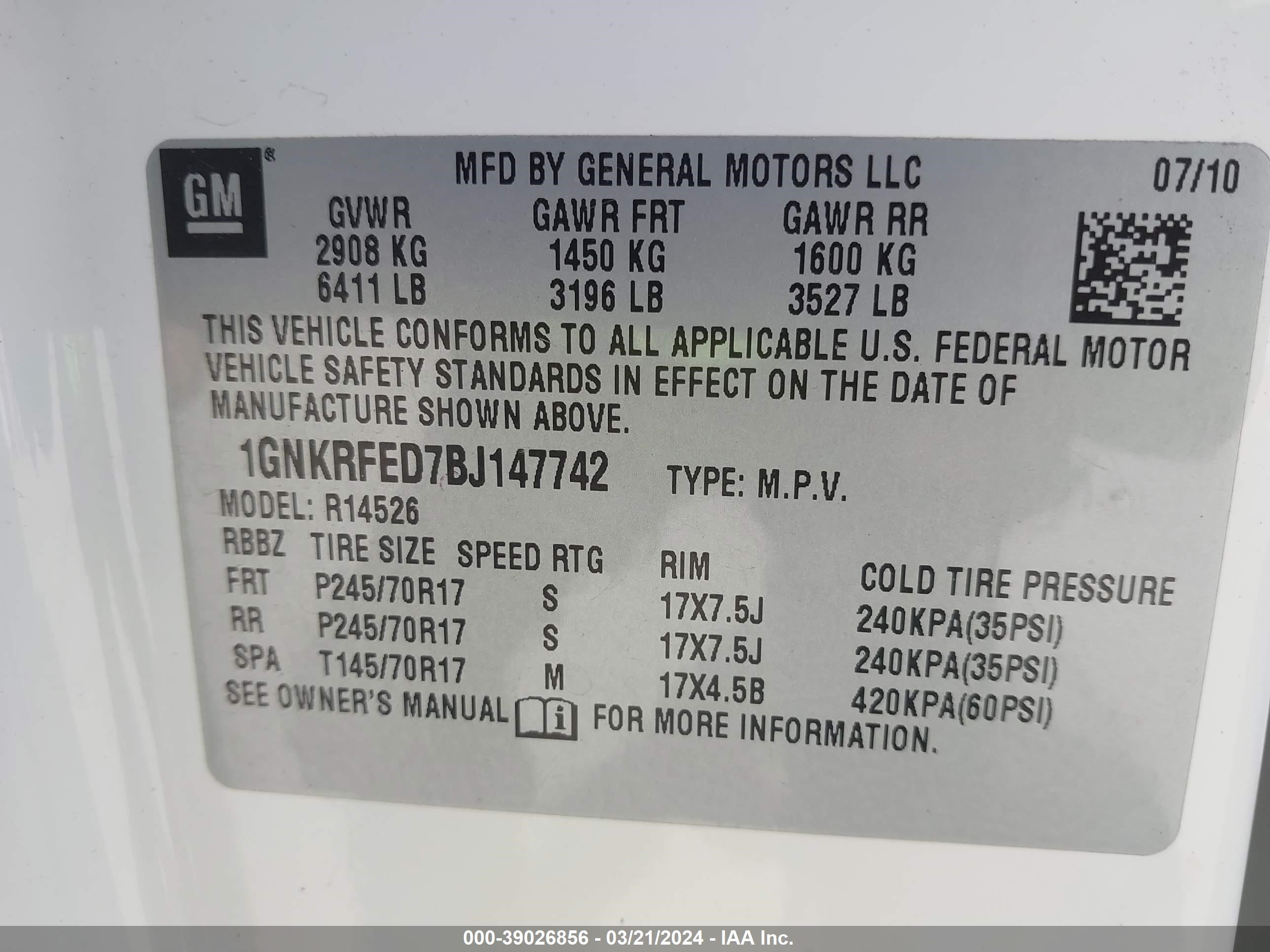 Photo 8 VIN: 1GNKRFED7BJ147742 - CHEVROLET TRAVERSE 