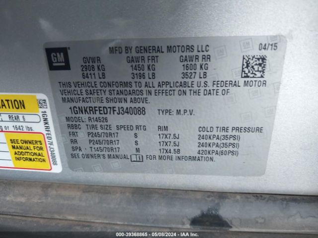 Photo 8 VIN: 1GNKRFED7FJ340088 - CHEVROLET TRAVERSE 