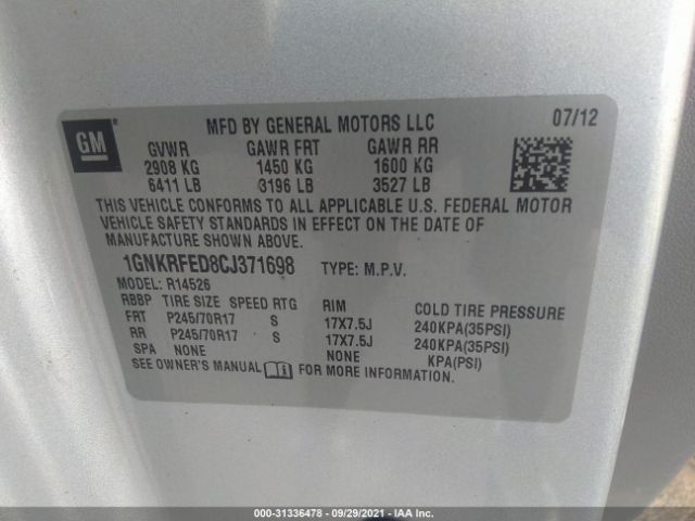 Photo 8 VIN: 1GNKRFED8CJ371698 - CHEVROLET TRAVERSE 