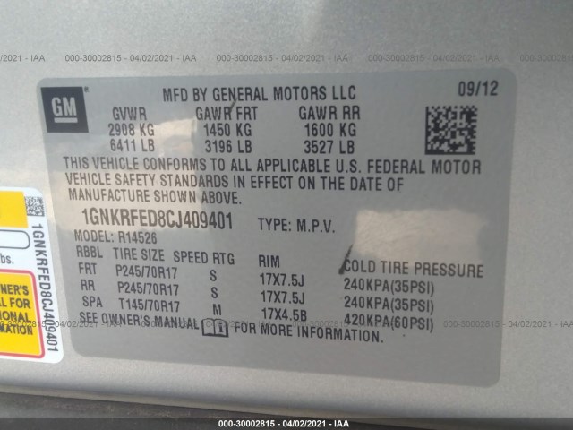 Photo 8 VIN: 1GNKRFED8CJ409401 - CHEVROLET TRAVERSE 