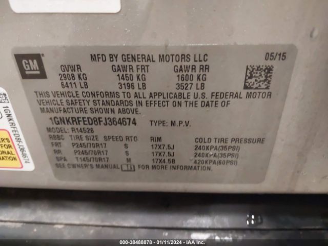 Photo 8 VIN: 1GNKRFED8FJ364674 - CHEVROLET TRAVERSE 