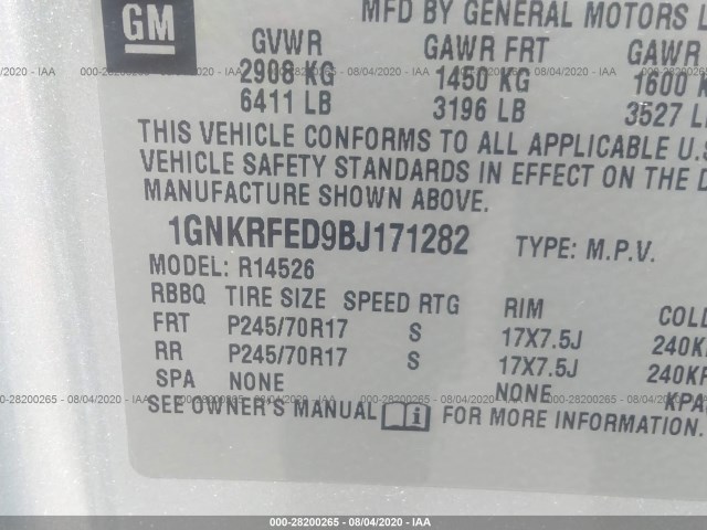 Photo 8 VIN: 1GNKRFED9BJ171282 - CHEVROLET TRAVERSE 