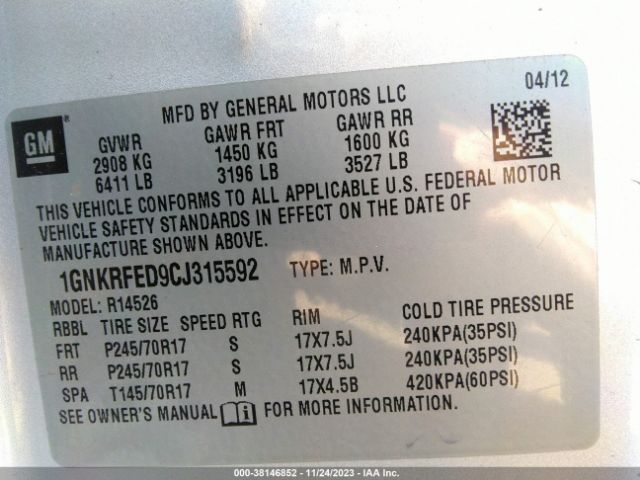 Photo 8 VIN: 1GNKRFED9CJ315592 - CHEVROLET TRAVERSE 