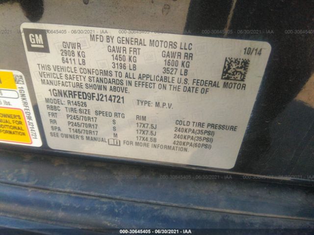 Photo 8 VIN: 1GNKRFED9FJ214721 - CHEVROLET TRAVERSE 