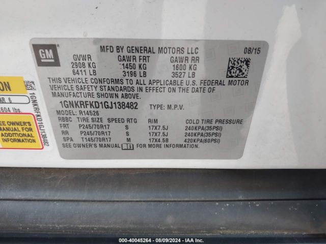 Photo 8 VIN: 1GNKRFKD1GJ138482 - CHEVROLET TRAVERSE 