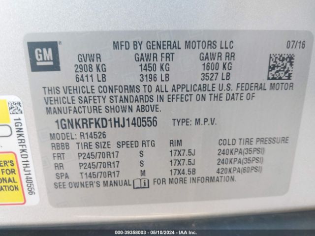 Photo 8 VIN: 1GNKRFKD1HJ140556 - CHEVROLET TRAVERSE 