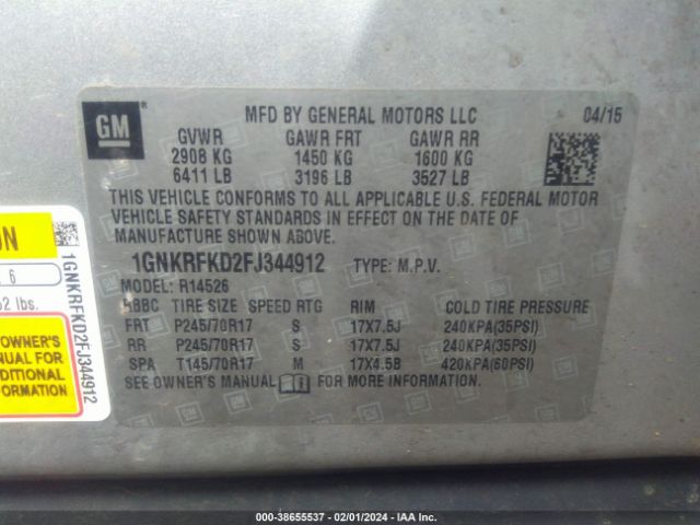 Photo 8 VIN: 1GNKRFKD2FJ344912 - CHEVROLET TRAVERSE 