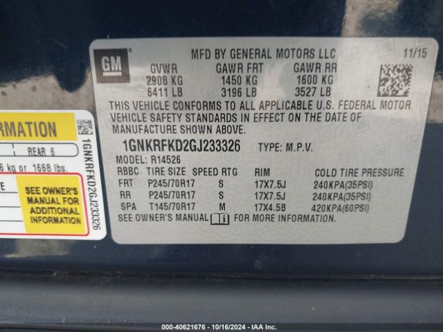 Photo 8 VIN: 1GNKRFKD2GJ233326 - CHEVROLET TRAVERSE 