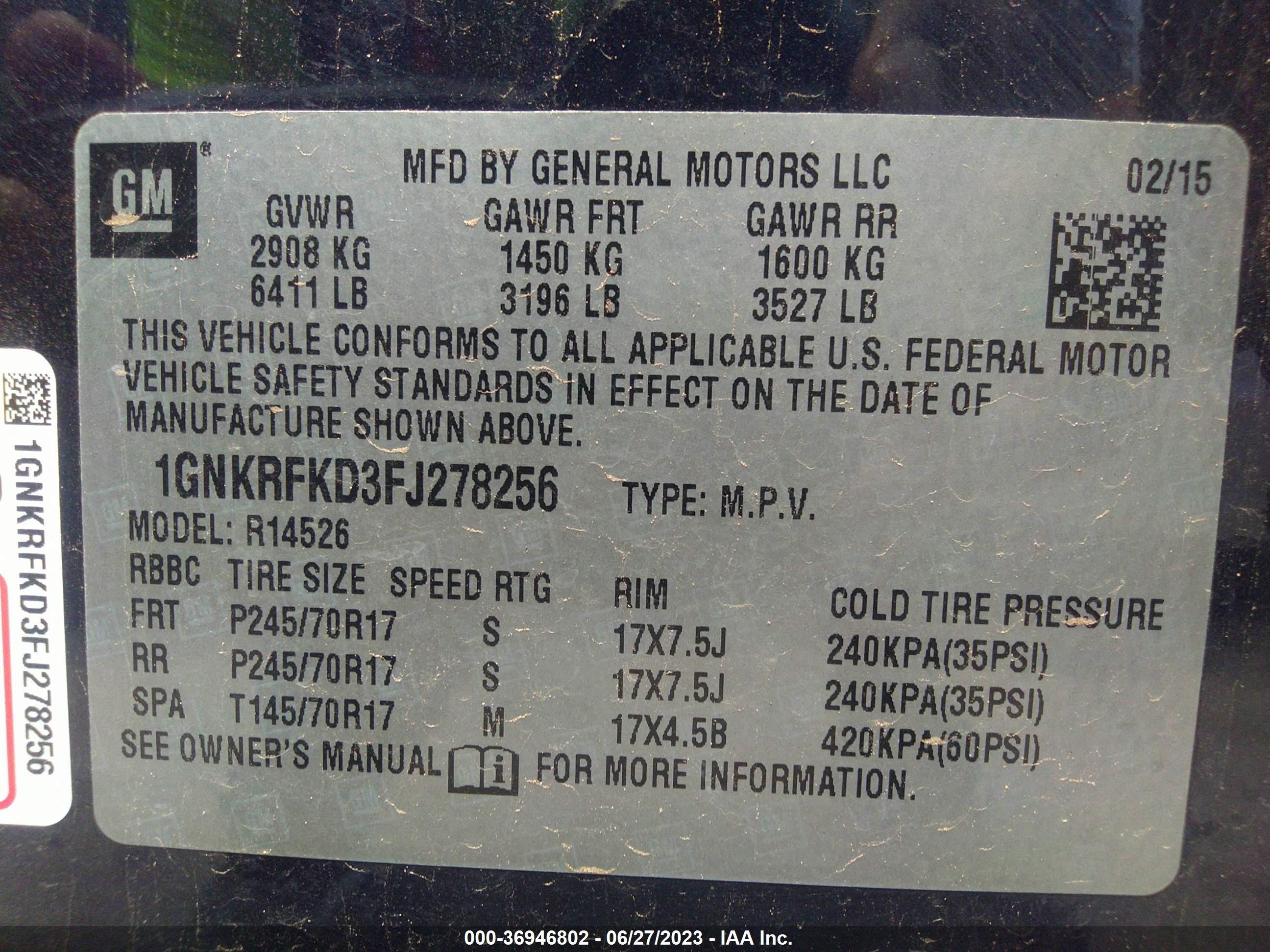 Photo 8 VIN: 1GNKRFKD3FJ278256 - CHEVROLET TRAVERSE 