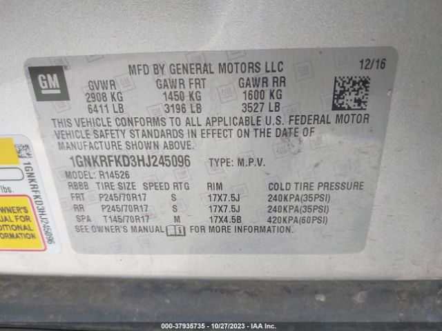 Photo 8 VIN: 1GNKRFKD3HJ245096 - CHEVROLET TRAVERSE 