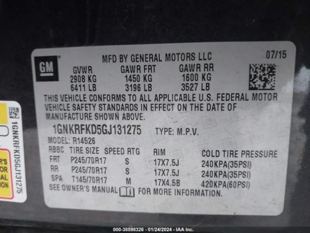 Photo 8 VIN: 1GNKRFKD5GJ131275 - CHEVROLET TRAVERSE 