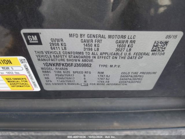 Photo 8 VIN: 1GNKRFKD6FJ369862 - CHEVROLET TRAVERSE 