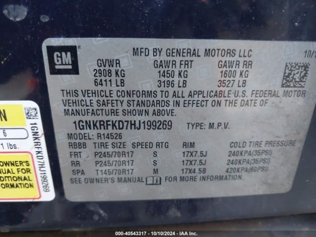 Photo 8 VIN: 1GNKRFKD7HJ199269 - CHEVROLET TRAVERSE 