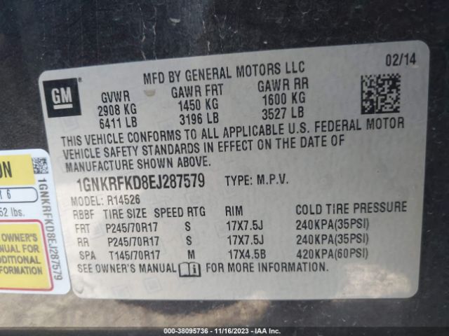 Photo 8 VIN: 1GNKRFKD8EJ287579 - CHEVROLET TRAVERSE 